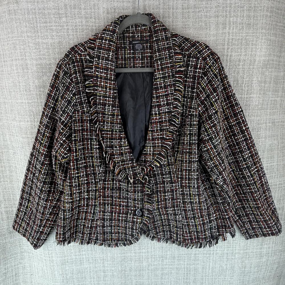 Robert Louis Blazer Womens 2X Black Tweed Collared Lined Fringe Pockets Button